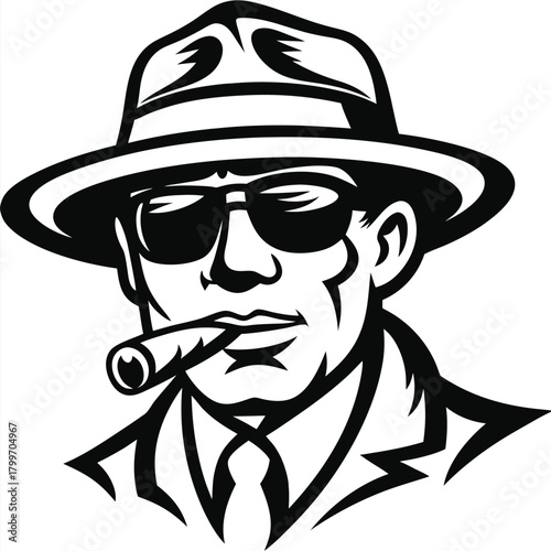 Silhouette shows a stylish man smoking a cigar while wearing dark glasses and fedora