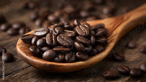 Photorealistic wooden spoon brimming with Ethiopian coffee beans on rustic jute fabric with coffee plant leaves as natural decoration