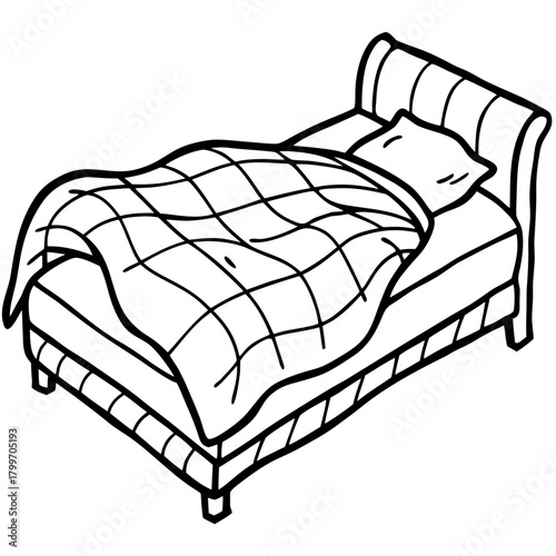 Line art illustration of a bed with a checkered blanket