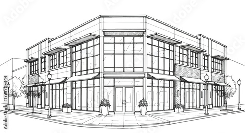 Architectural elevation sketch of a large corner retail building with symmetrical window grids, central entrance, modernized classical facade, and structured commercial geometry.