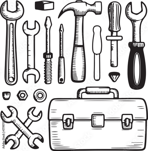 A collection of hand tools including wrenches screwdrivers hammer and toolbox vector