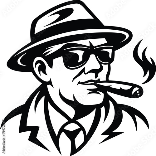 Stern man with hat smokes a cigar in monochrome, looking cool and confident
