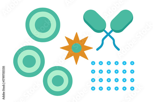 Abstract scientific icons of cells, bacteria, and viruses for microbiology and medical research