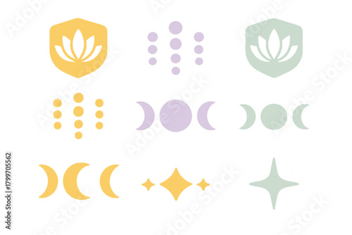 Soft pastel mystical symbols set featuring lotus flowers, triple moon phases, and celestial stars
