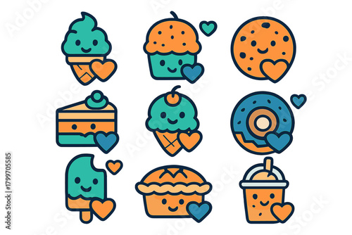 Adorable collection of sweet dessert icons featuring happy faces and hearts for romance and celebration