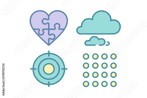 Abstract business concept symbols featuring heart puzzle, cloud, target, and data grid elements