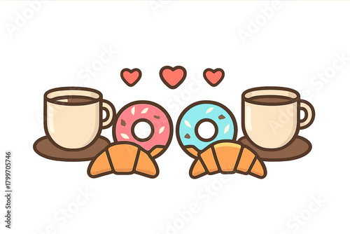 Pair of coffee cups with sweet glazed donuts and fresh baked croissants for breakfast
