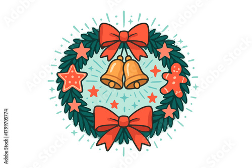 Festive Christmas wreath with pine branches, red bows, golden bells, and holiday gingerbread cookies