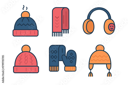 Colorful winter accessories collection featuring knitted hats, scarves, earmuffs, and mittens