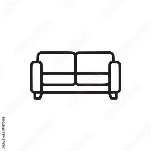 A simple black outline drawing of a two seat sofa with armrests on a plain white background space
