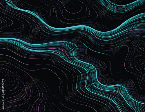 Abstract flowing lines in shades of teal and pink on a dark background, creating a textured design