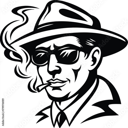 Man with a fedora smokes, casting a mysterious figure with sunglasses
