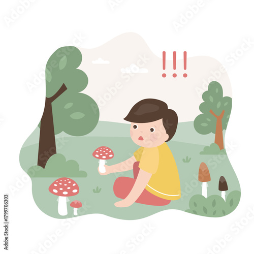 Kid want eating poisonous mushroom. Boy sitting in summer grass meadow and holding fly agaric with red cap to eat, poison in food and danger