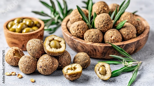 Fototapeta Naklejka Na Ścianę i Meble -  Earthy olive scene with dry fruits and gentle shadow lighting on surface