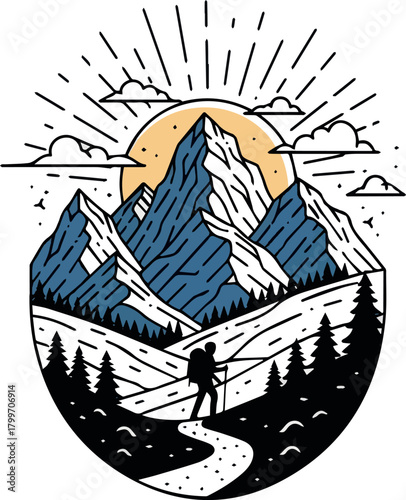 Create Mountain illustration, outdoor adventure . Vector graphic for t shirt and other uses on white background.