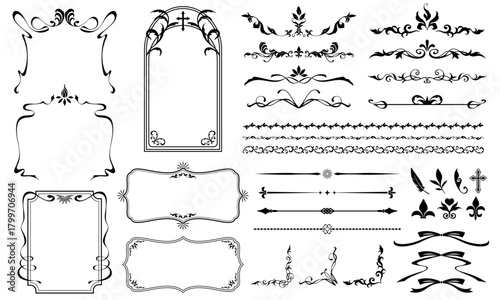 エレガントな装飾フレームと飾り枠及びラインセット　黒