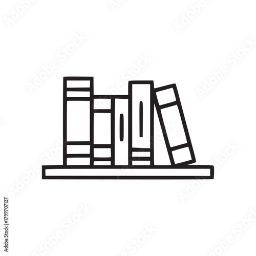A simple line drawing of a shelf with several books standing on it against a white background space