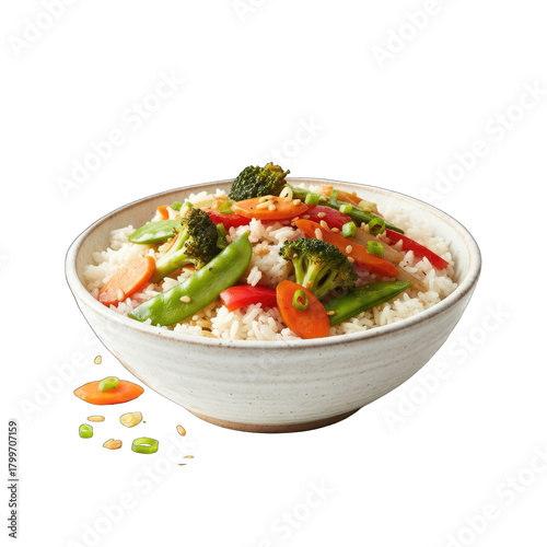 A Bowl Of Steamed Rice Topped With Fresh Broccoli Carrot And Snow Peas Garnished With Sesame Seeds And Green Onions Photographed On A White Background
