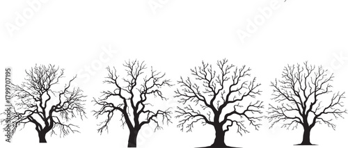 A row of four bare trees in silhouette against a white background landscape art