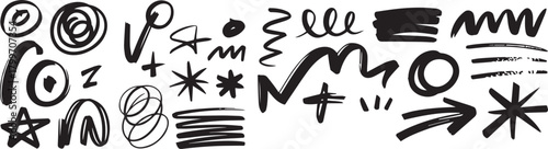 A collection of hand drawn doodle elements including circles stars and arrows