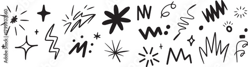 Collection of hand drawn doodle elements including stars swirls and zigzags