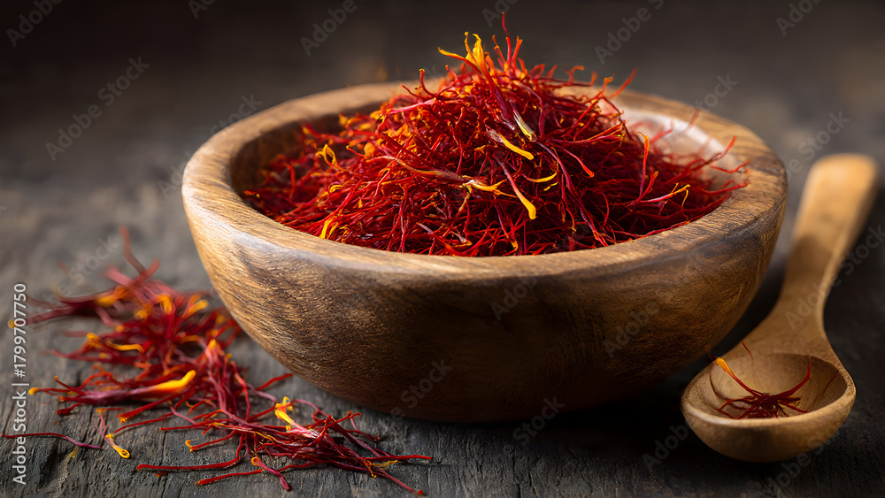 Fototapeta premium Photorealistic saffron threads in hand-carved wooden bowl with wooden spoon resting across bowl rim on linen cloth