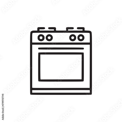 A simple line drawing of a kitchen oven with four burners on top on a white background space for text