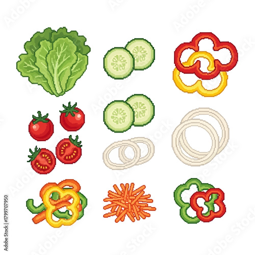 A collection of fresh vegetable salad ingredients in a pixel art style. 8-bit food icons of lettuce, tomato, cucumber, onion, and bell peppers for game assets