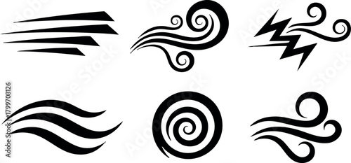 Set of six black wind and air vector icons with swirls and lines representing motion and energy