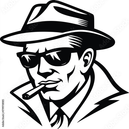 Monochrome man in trench coat and fedora smokes a cigar with cool sunglasses