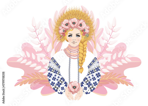 Beautiful blonde in Ukrainian embroidered dress with braided hair and a wreath of wheat ears, pink poppies and ribbons. Vector (EPS) illustration, isolated on white background