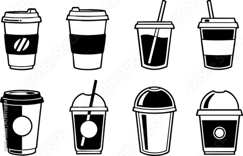Coffee cup vector icons set with takeaway and cold drink cup designs in black and white style