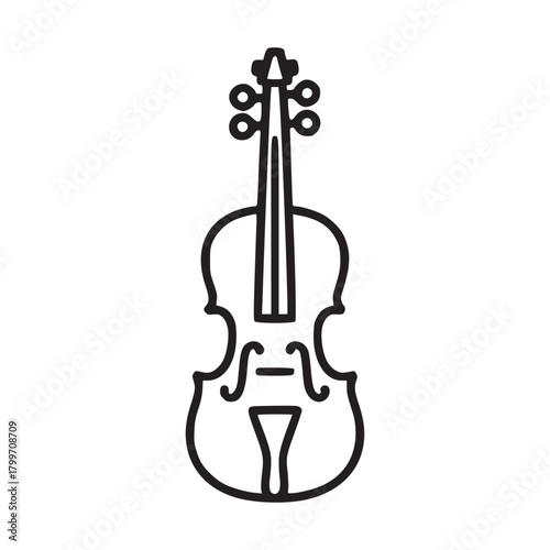 A minimalist line drawing of a violin with detailed scroll and f holes on a plain white background