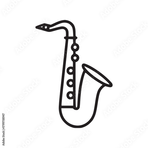 A minimalist line drawing of a saxophone with keys and a bell on a white background centered