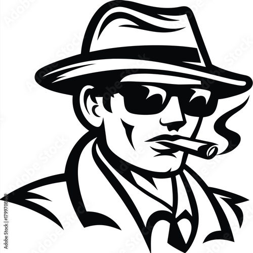 Monochrome man with hat and sunglasses smokes a cigar emitting smoke