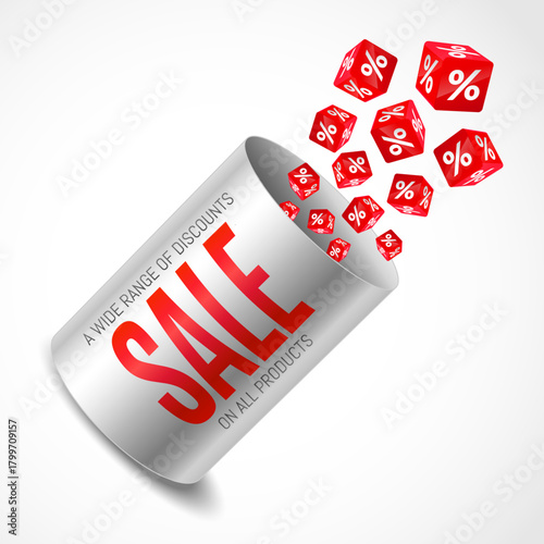 Vector illustration for advertising discounts and sales. Flying red cubes with a percentage sign.