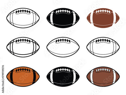 American football ball set collection displayed on white background, realistic illustrations ideal for sports-themed posters, vector artwork, and digital design projects.
