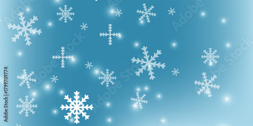 Wallpaper of randomly falling snowflakes. Frozen grains of snow dust. Snowy sky with a white turquoise background. Snowy natural scenery. Vector illustration.