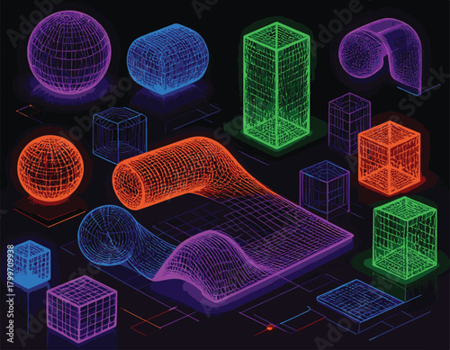 A collection of glowing 3D wireframe geometric shapes in an isometric view, illustrating concepts of virtual reality and digital data