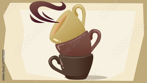 Three Stacked Coffee Cups with Rising Steam Whimsical Illustration
