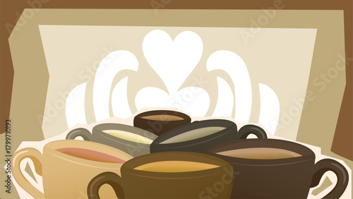Collection of Coffee Cups with Heart Latte Art on Cream Background