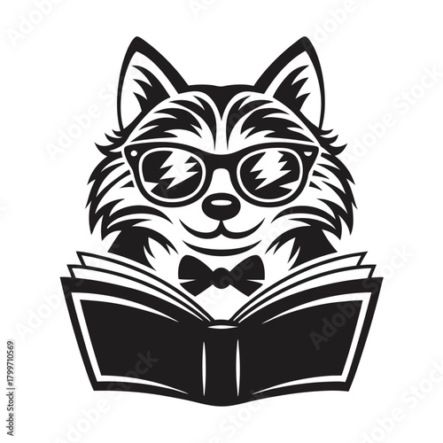 Sophisticated husky wearing sunglasses and a bow tie calmly reads an open book