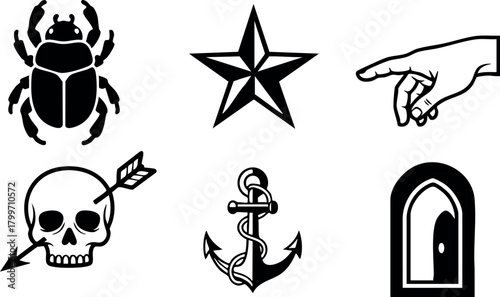 Set of black silhouette symbols including scarab beetle, star, pointing hand, skull with arrow, anchor, and arched door vector icons