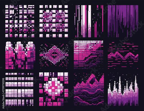 Pixelated Abstracts A Collection of Geometric and Digital Art in Shades of Pink and Purple on Black