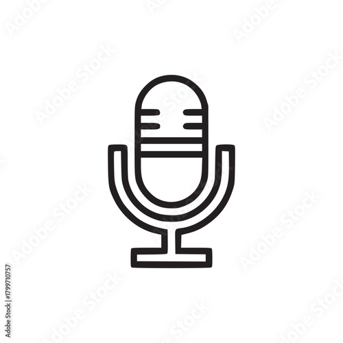 A simple black and white line drawing of a classic microphone on a white background in the center
