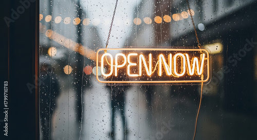 Warm neon 'Open Now' sign glowing warmly, inviting customers in from the rainy street, creating cozy atmosphere and increased sales for business owners