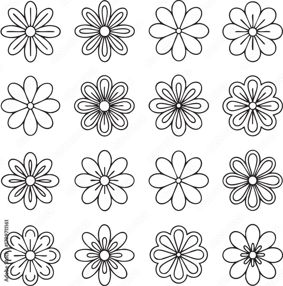 Fototapeta premium Collection of sixteen simple black line art flowers