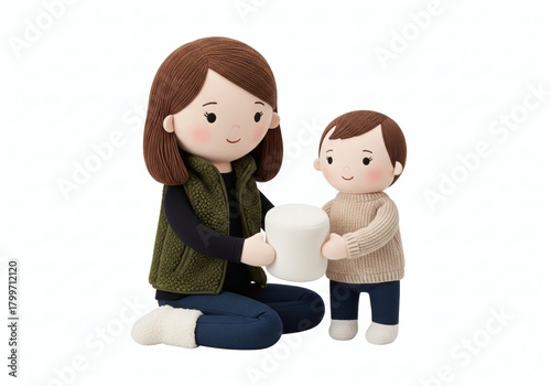 Mother and son holding a white cylinder object together, symbolizing cooperation and sharing