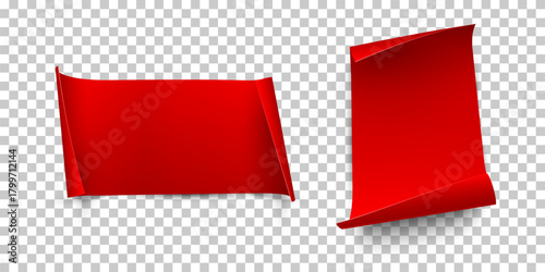 Blank page with curled edge corner and shadow, page curl with shadow on blank sheet, curled page corner isolated on transparent and red background, rolled up stickers, peel banners, bent sheet