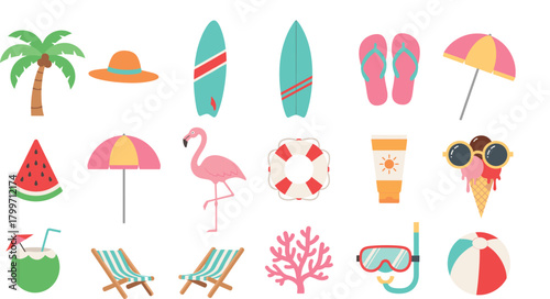 Large Set of Colorful Flat Design Summer Beach and Vacation Elements, Including Palm Tree, Surfboard, Ice Cream, Flamingo, and Sunscreen Vector Icons